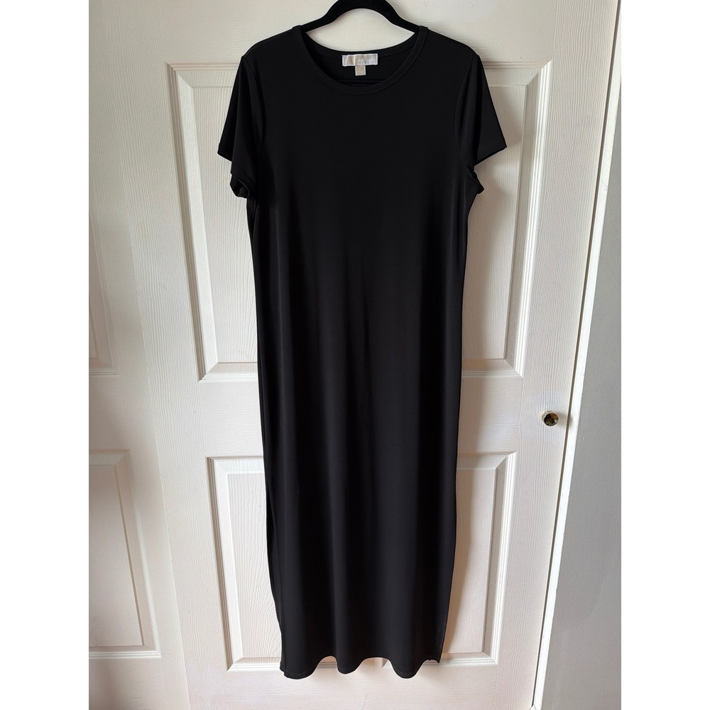 Michael Kors Maxi Dress Womens L Black Short Sleeve Side Slit Minimalist Chic